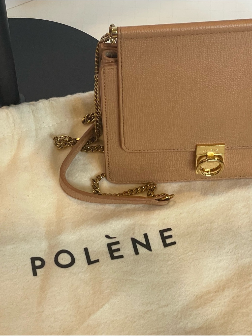 Polène Tan Leather Shoulder Bag with Gold Chain and Clasp genuine with dust bag